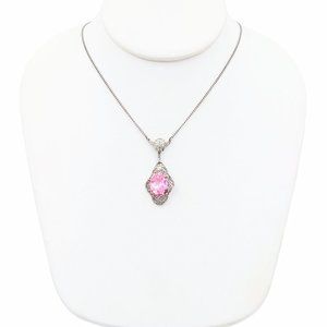 Art Deco Pink Glass Sterling Silver Filigree Drop Pendant Necklace, Vintage 1930